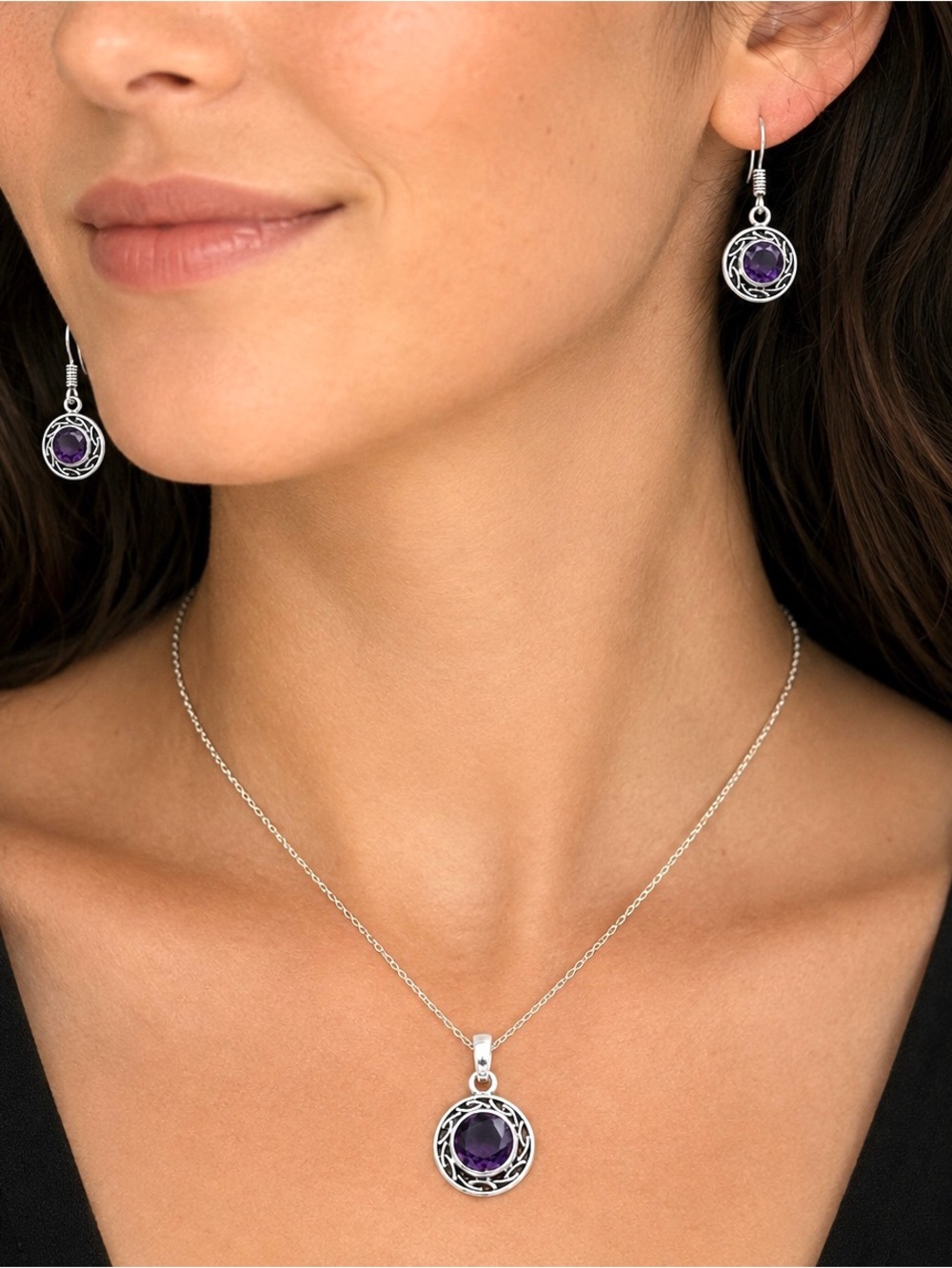 Sterling Silver Amethyst Round Pendant & Earrings Set - Picture 2 of 3